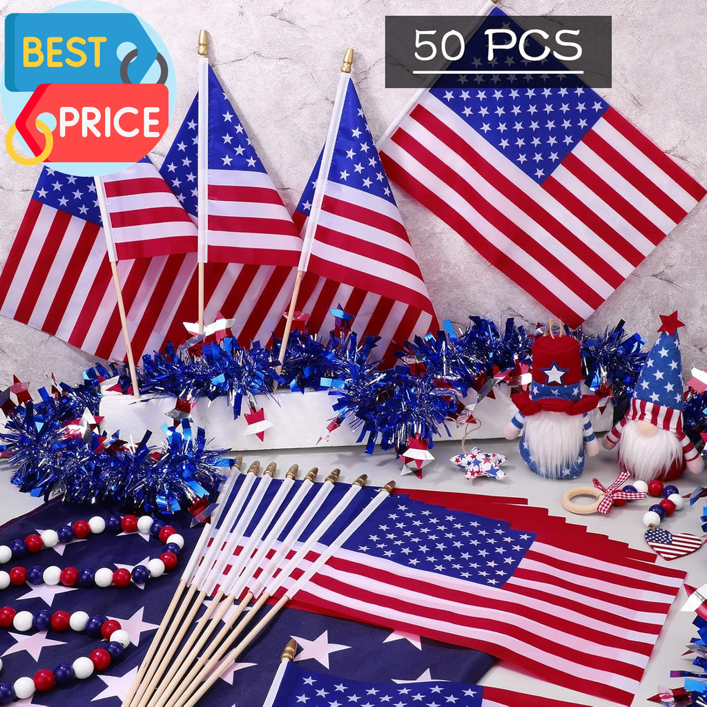 50 Pcs US Stick Flag 8 X 12 Inch Small American Flag Lawn Flags Handheld America