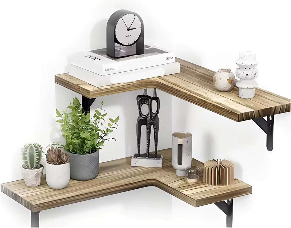 2 Tier L Style Display Shelf Wall Shelves Wood Flexible Design Wall Mounted Corner Floating Storage Shelves for Home Decor