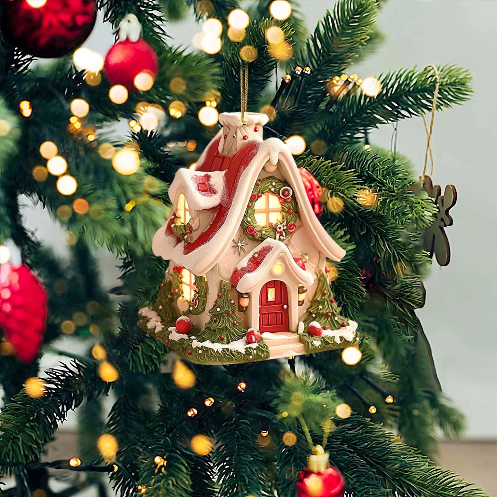 2025 Christmas Gingerbread House Ornaments, Christmas Hanging Village Houses Tree Decor, 2D Acrylic Christmas Hanging Ornaments for Christmas Tree Holiday Party Home Decoration