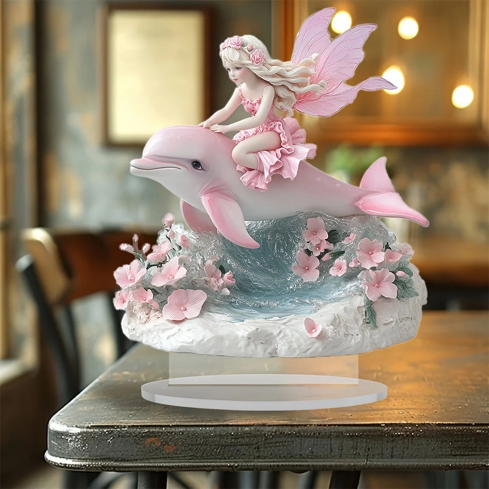 Pink Winged Fairy with Dolphin Statue Figurine Table Decor 2D Acrylic Plaque Whimsical Pink Fairy Figurines Bohe Home Decor Fairy Statues Tabletop Centerpiece Signs for Table Shelf Mantel Decorations