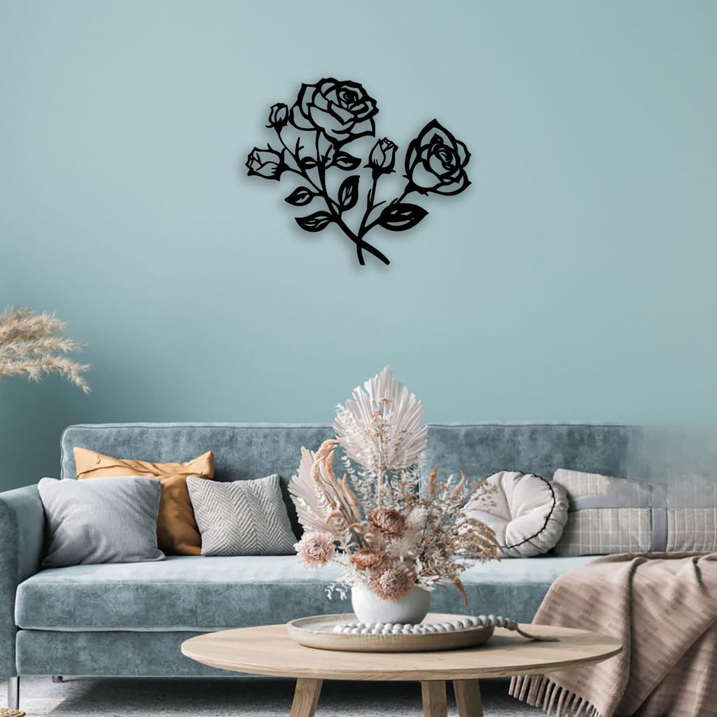 Rose Flower Metal Wall Decor - Elegant Plants Room Decor Wall Art Home Decor for Living Room, Bedroom, Dining Room, Bathroom, Office (Black)