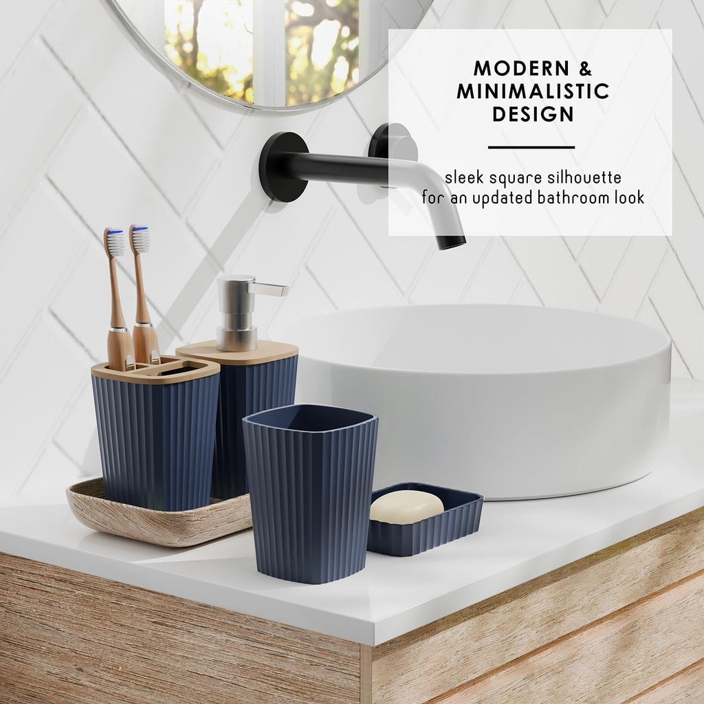 Bathroom Accessories Set - Bathroom Set, Bathroom Accessory Set, Shower Curtain Set, Toilet Brush, Trash Can & Soap Dispenser - Navy - 20PC