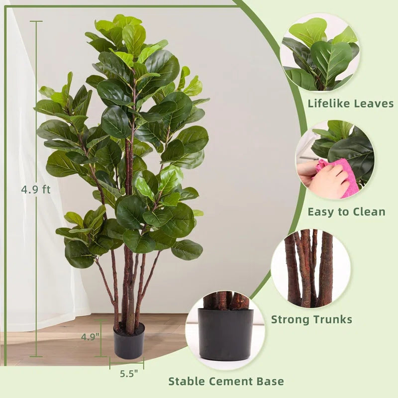 Artificial Fiddle Leaf Fig Tree - Realistic Leaf Faux Plant in Pot for Home & Office Decor