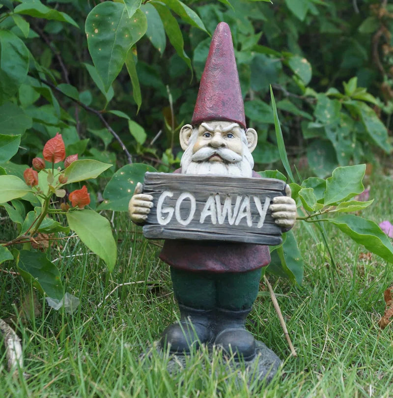 Gnome Holds Go Away Sign Statue
