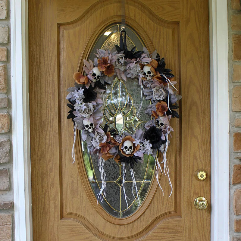 22-In. Gothic Skull Wreath with Multicolor Flowers, Indoor or Covered Outdoor