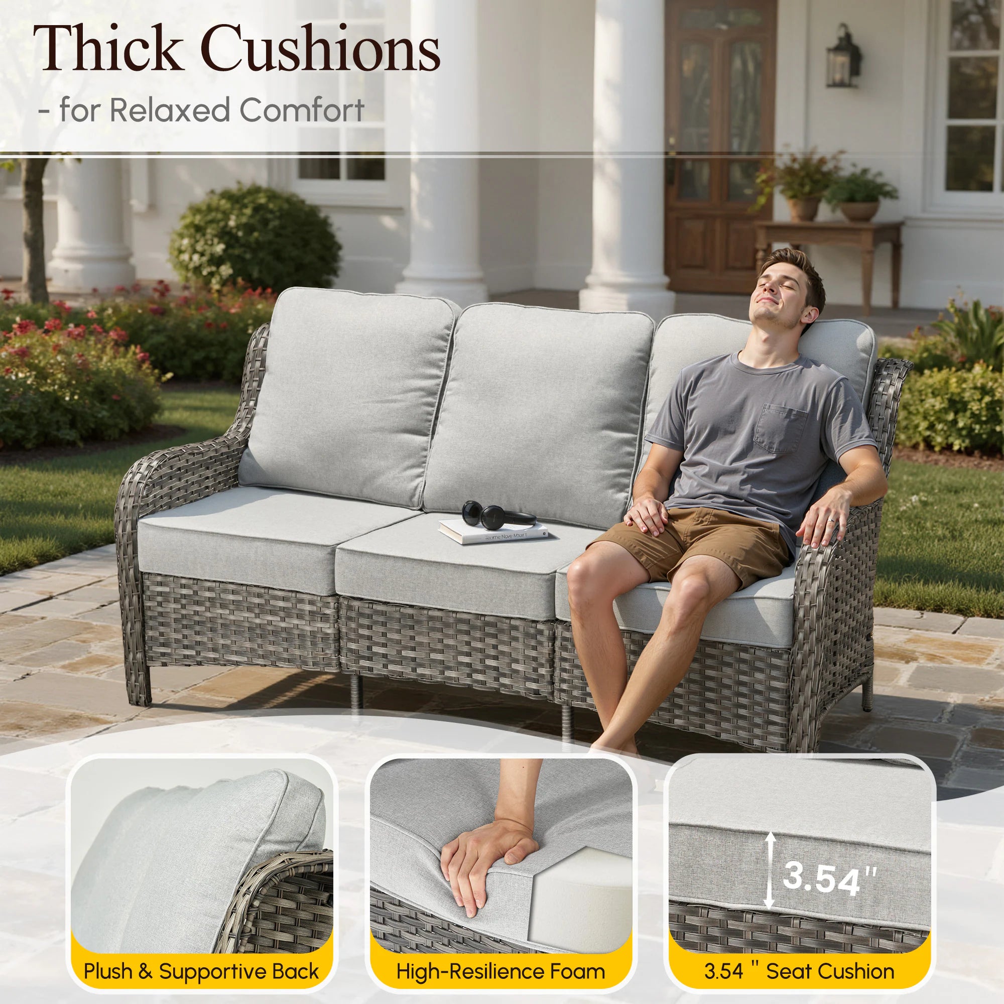7 -Piece Wicker Patio Sofa Conversation Set with Gray Cushions