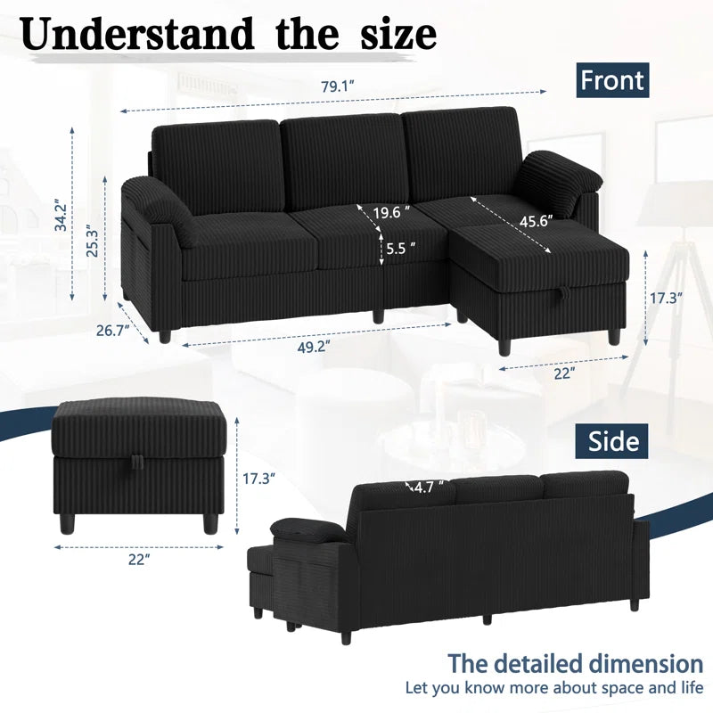 Modern L-Shaped Sofa with Ottoman – Soft Fabric, Compact Design for Living Room, Apartment, or Office, 79