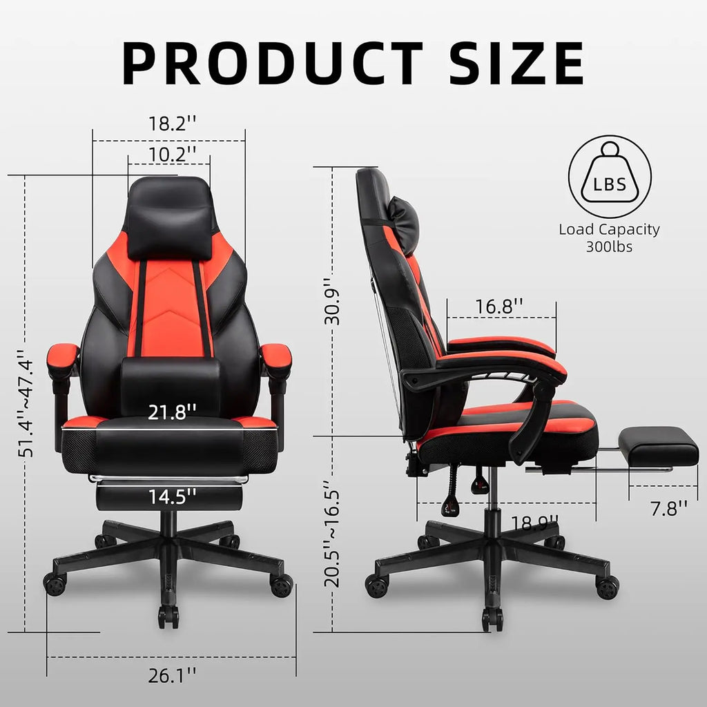 Gaming Chair with Footrest, Massage Lumbar Support, Ergonomic Design for Home Office and Racing