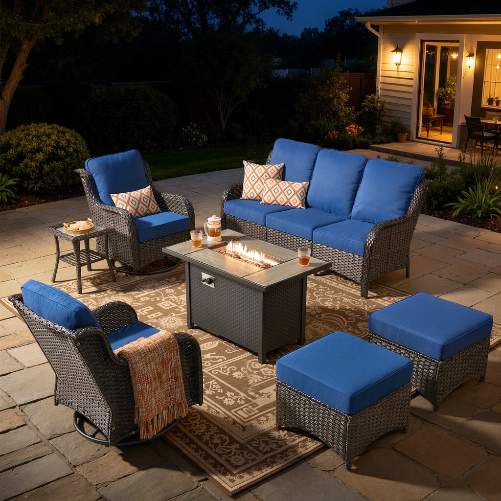 7 -Piece Wicker Patio Sofa Conversation Set with Gray Cushions