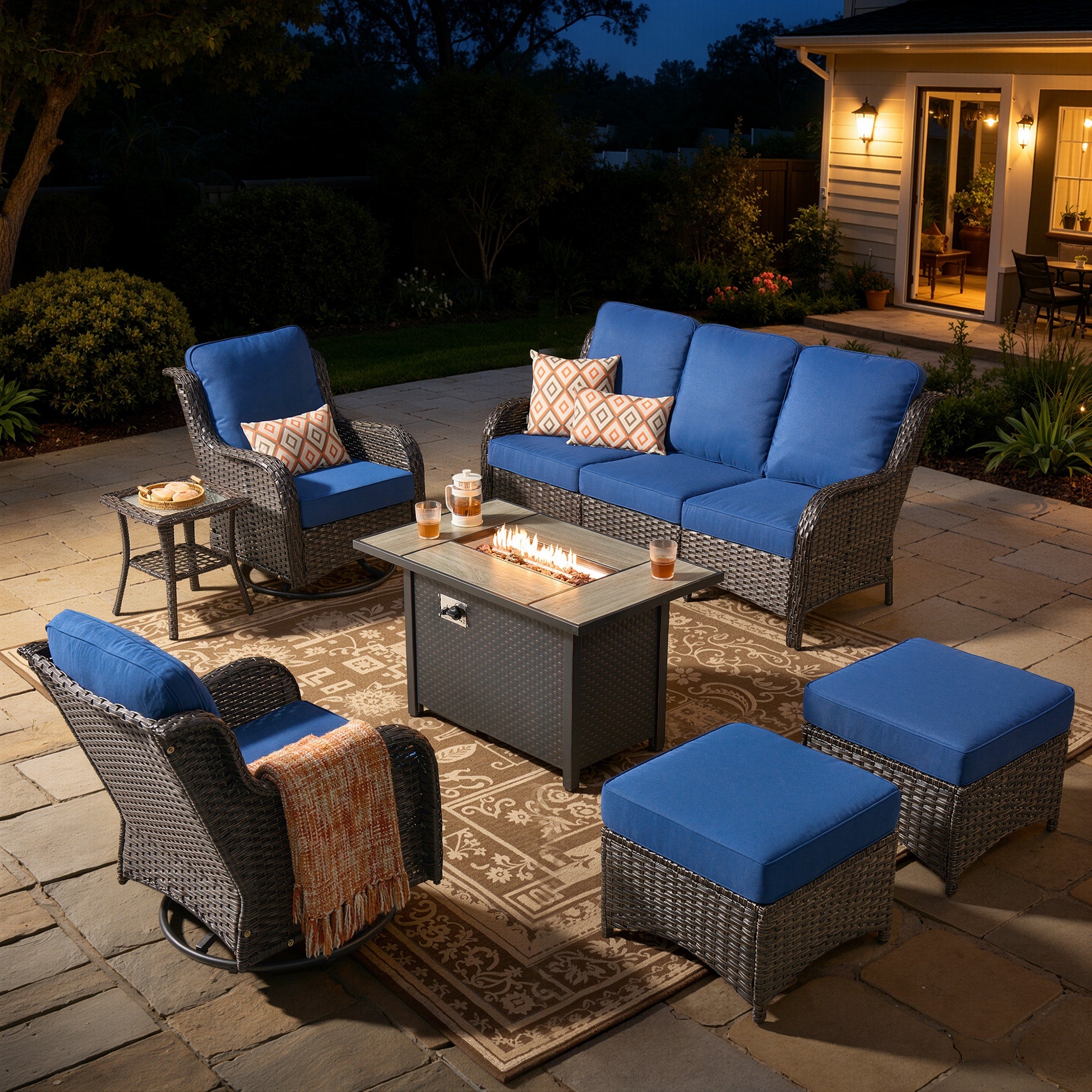 7 -Piece Wicker Patio Sofa Conversation Set with Gray Cushions