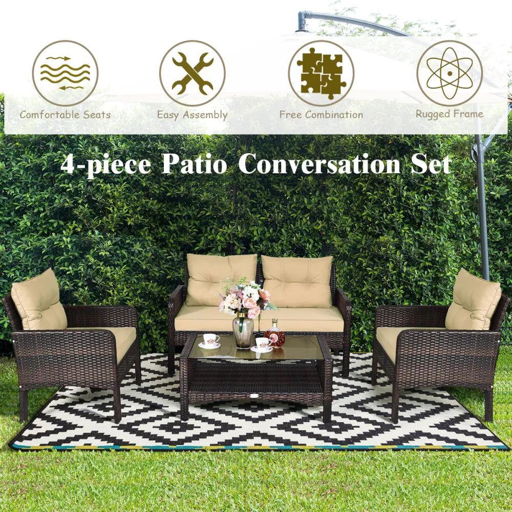 Rattan Outdoor Sofa with Brown Cushions and Steel Frame