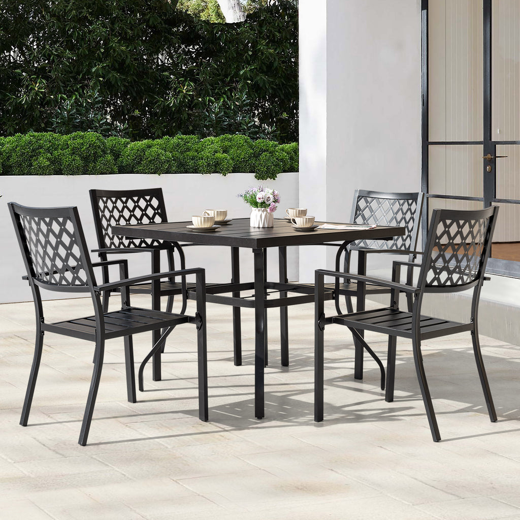 5 -Piece Black Patio Dining Set Iron Square Table with 4 Stackable Stationary Chairs