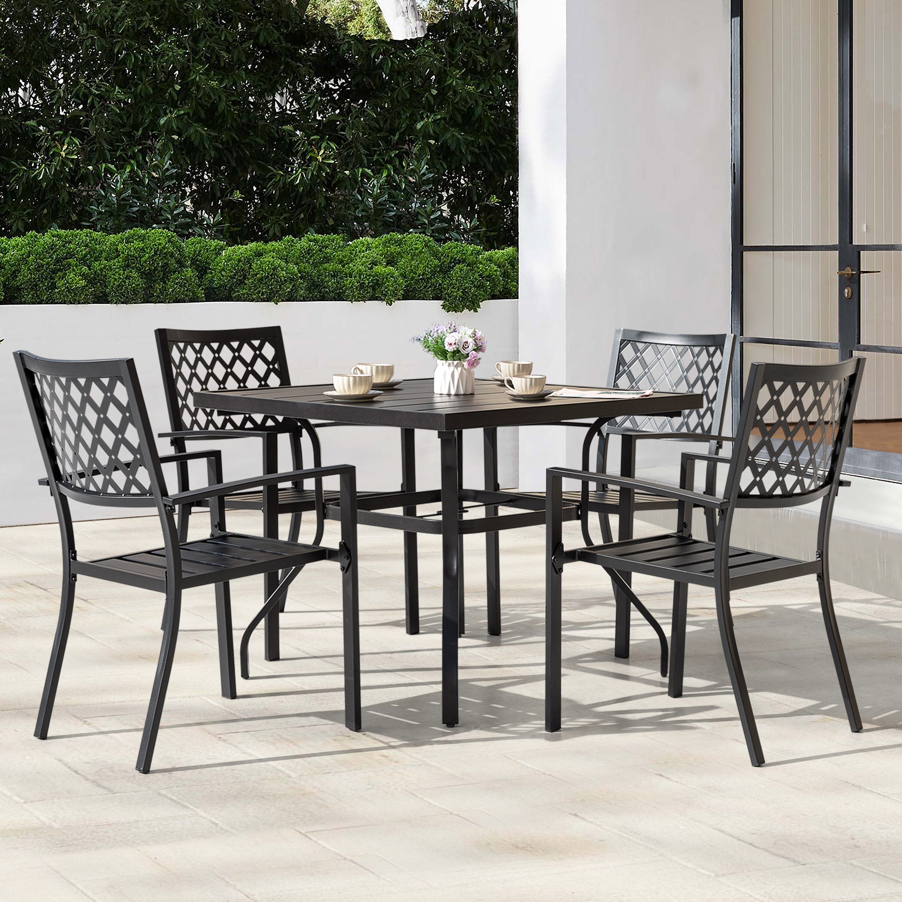 5 -Piece Black Patio Dining Set Iron Square Table with 4 Stackable Stationary Chairs