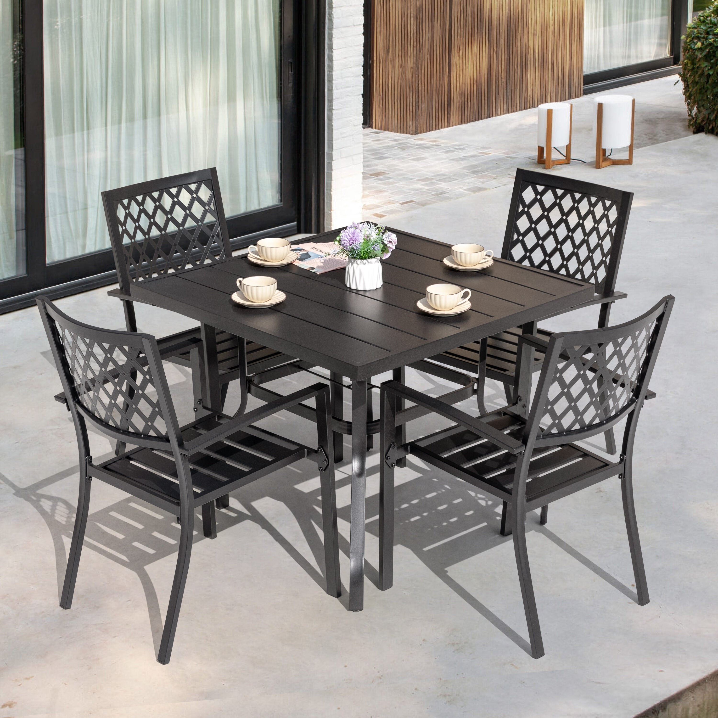 5 -Piece Black Patio Dining Set Iron Square Table with 4 Stackable Stationary Chairs