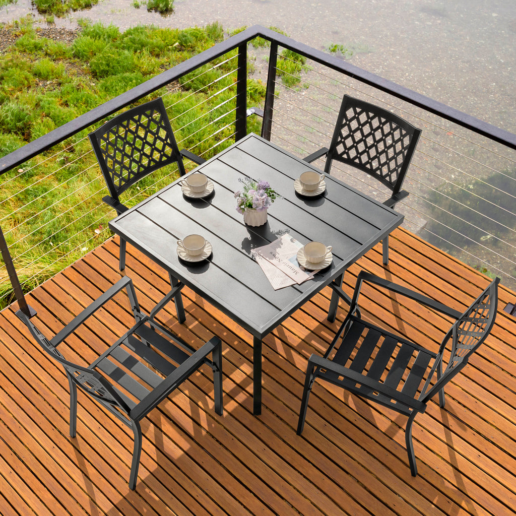 5 -Piece Black Patio Dining Set Iron Square Table with 4 Stackable Stationary Chairs