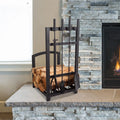 Jivin 5-Piece Fireplace Tool Set and Log Rack - Mission-Style Firewood Holder with Shovel, Broom, Tongs, and Poker for Hearth