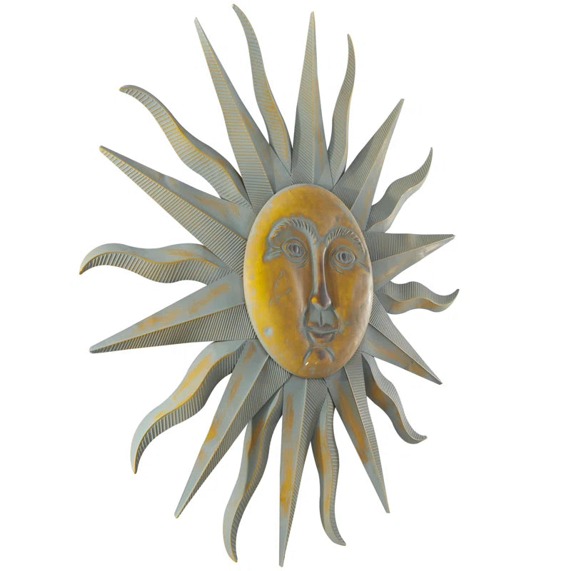 Elenna Gold Metal Indoor Outdoor Distressed Sunburst Wall Decor with Copper-Like Accents and Grooves
