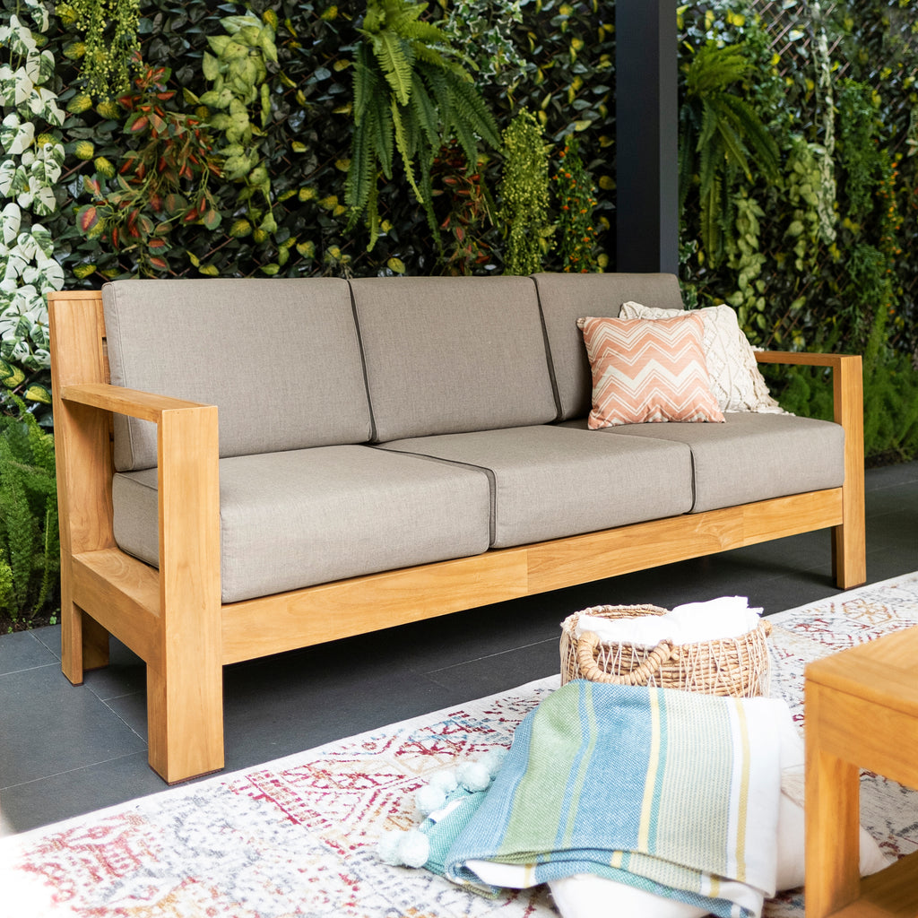 Logan Outdoor Sofa with Tan Cushions and Teak Frame