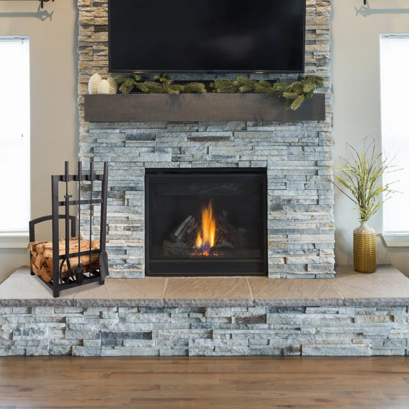 Jivin 5-Piece Fireplace Tool Set and Log Rack - Mission-Style Firewood Holder with Shovel, Broom, Tongs, and Poker for Hearth