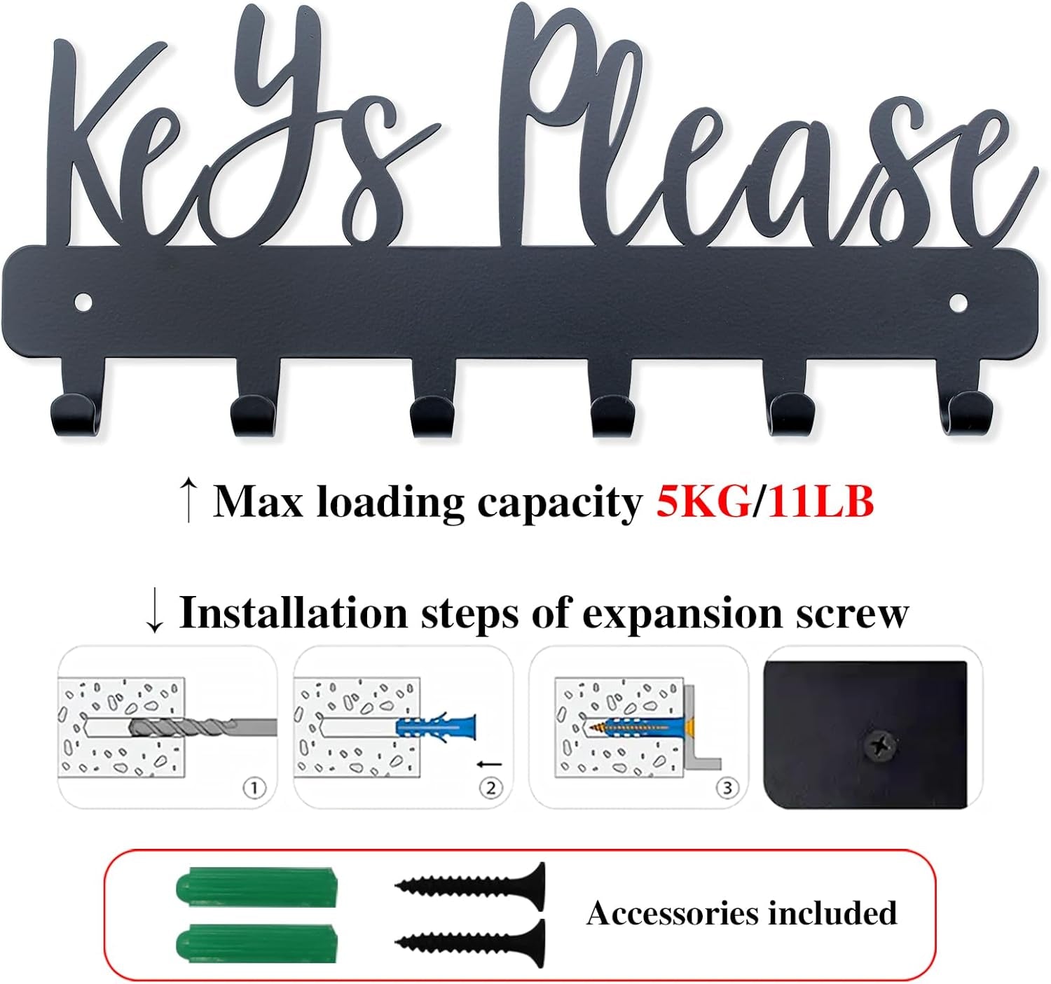 Keys Please Holder on Wall,Key Holder Wall Mounted,Black Metal Decorative Key Rack Hooks for Garage, Mudroom, Hallway,Entryway,Front Door,Office (Normal Size:11X4.57Inches)