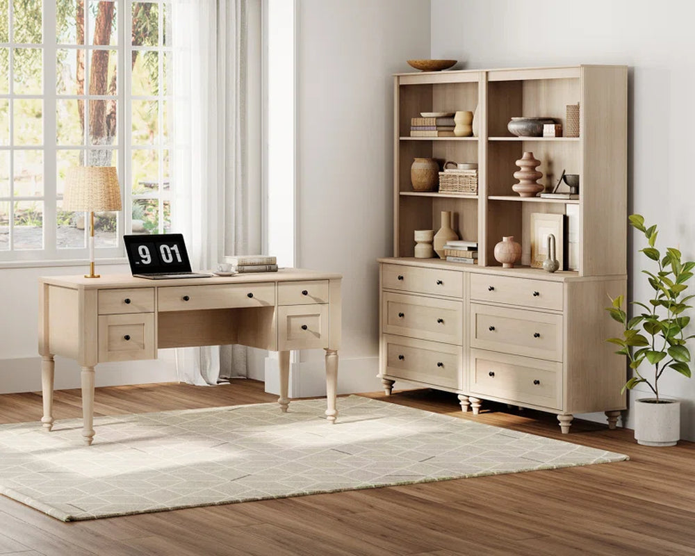 2 Piece Office Set, 56" Executive Desk & Set of 2 Bookcases with Drawers, Beige