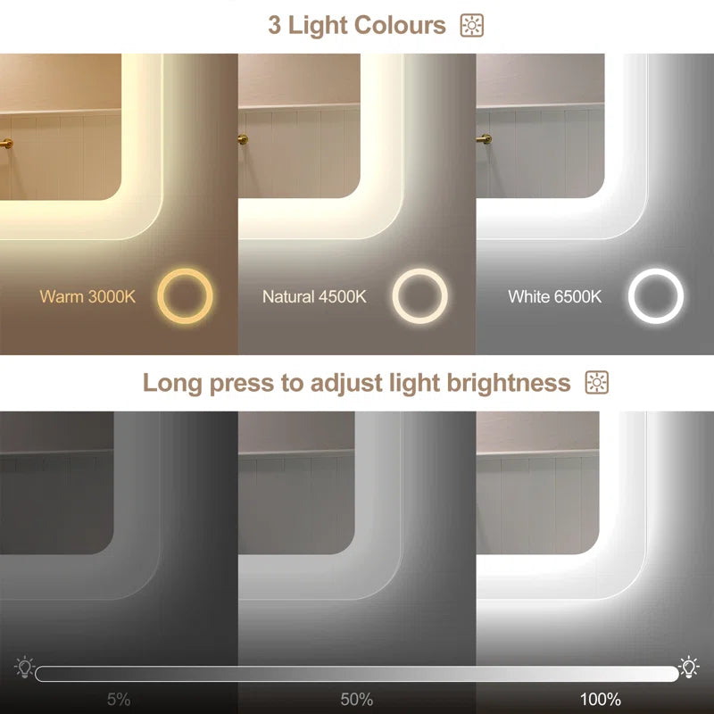 Wall-Mounted Mirror with Lights – Frameless, Infinite Dimming, Anti-Fog, 3 Light Modes, Built-In Bluetooth