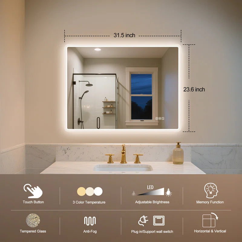 Wall-Mounted Mirror with Lights – Frameless, Infinite Dimming, Anti-Fog, 3 Light Modes, Built-In Bluetooth