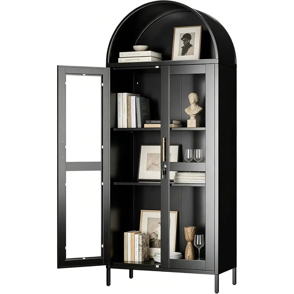 72.8 Black Tall Glass Display Cabinet with 2 Adjustable Shelves and Lock for Home Storage