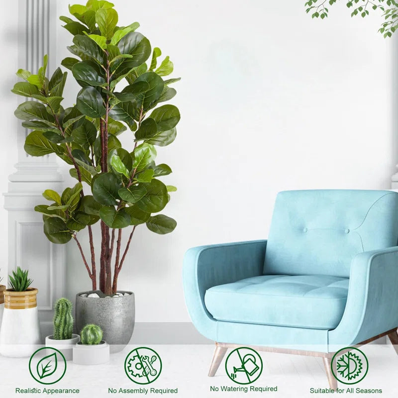Artificial Fiddle Leaf Fig Tree - Realistic Leaf Faux Plant in Pot for Home & Office Decor