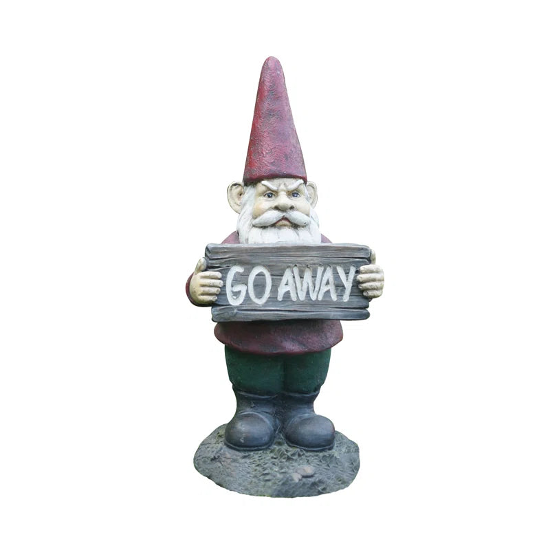 Gnome Holds Go Away Sign Statue