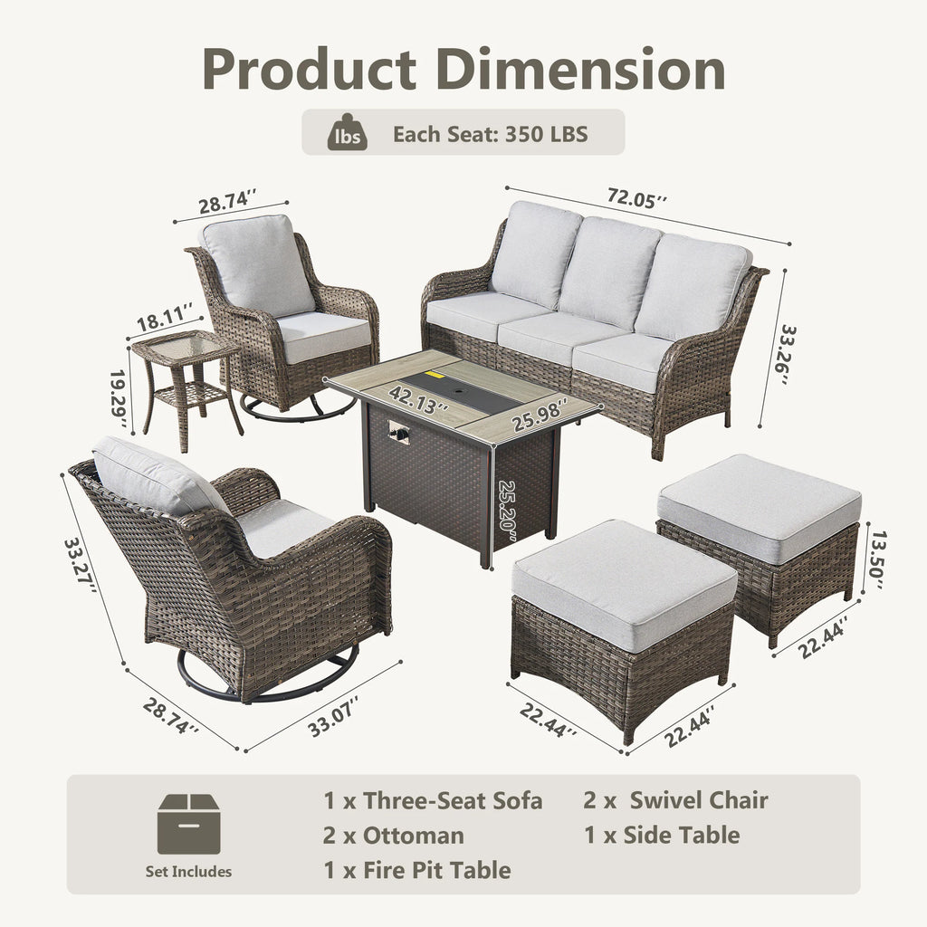 7 -Piece Wicker Patio Sofa Conversation Set with Gray Cushions