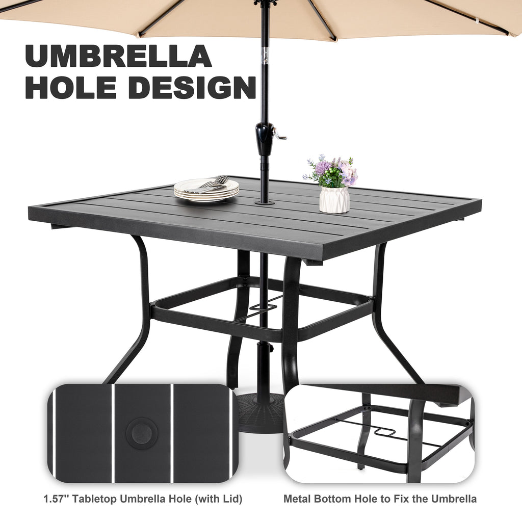 5 -Piece Black Patio Dining Set Iron Square Table with 4 Stackable Stationary Chairs