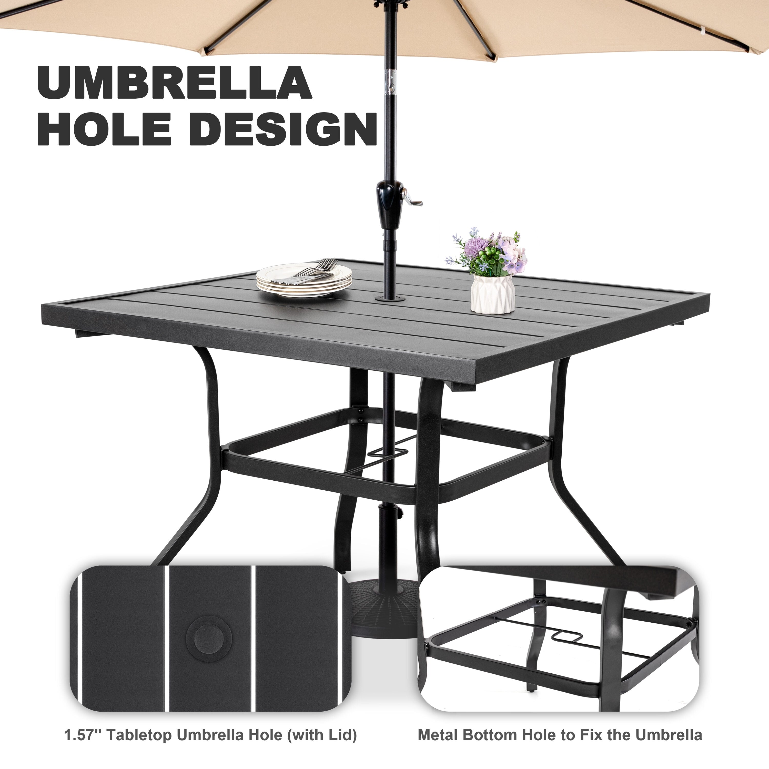 5 -Piece Black Patio Dining Set Iron Square Table with 4 Stackable Stationary Chairs