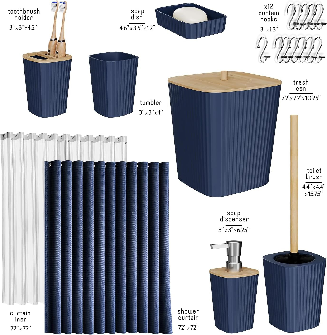 Bathroom Accessories Set - Bathroom Set, Bathroom Accessory Set, Shower Curtain Set, Toilet Brush, Trash Can & Soap Dispenser - Navy - 20PC