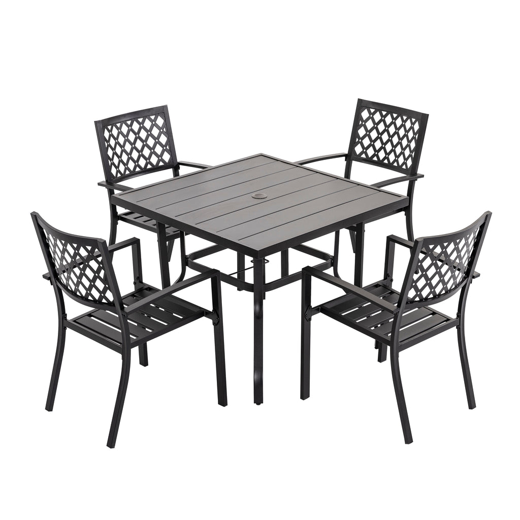 5 -Piece Black Patio Dining Set Iron Square Table with 4 Stackable Stationary Chairs