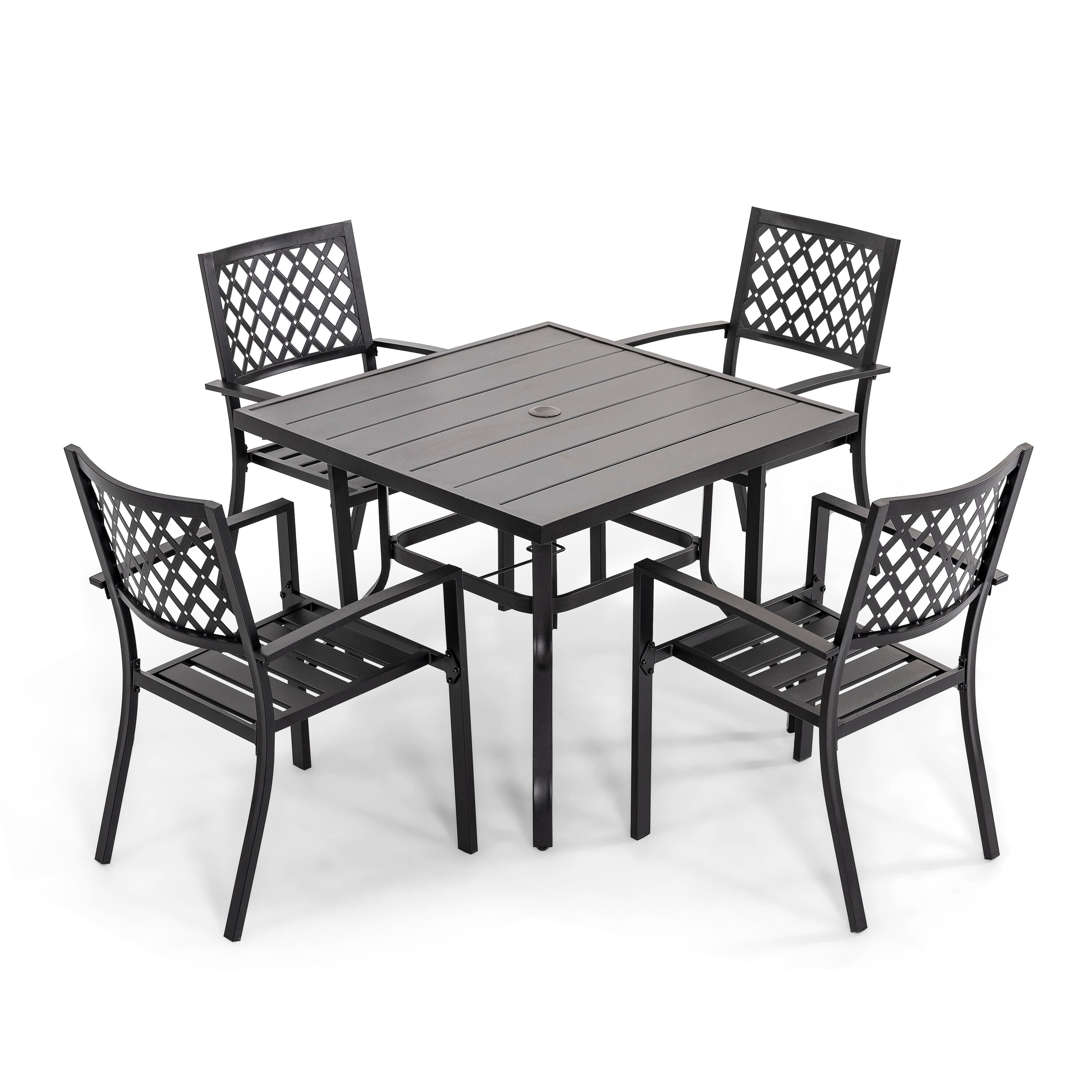 5 -Piece Black Patio Dining Set Iron Square Table with 4 Stackable Stationary Chairs