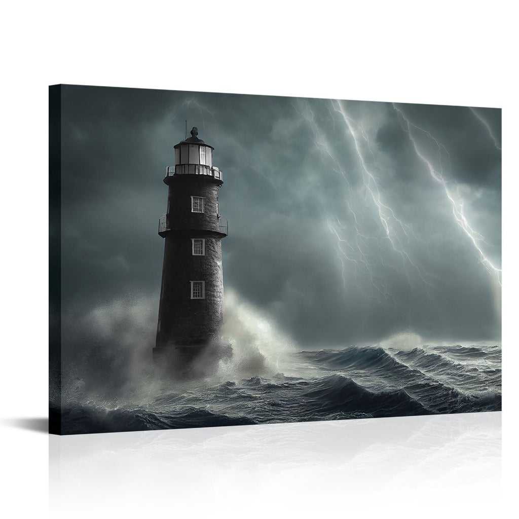 Artsbay Lighthouse Wall Art Black and White Nautica Storm Ocean Wave Seascape...
