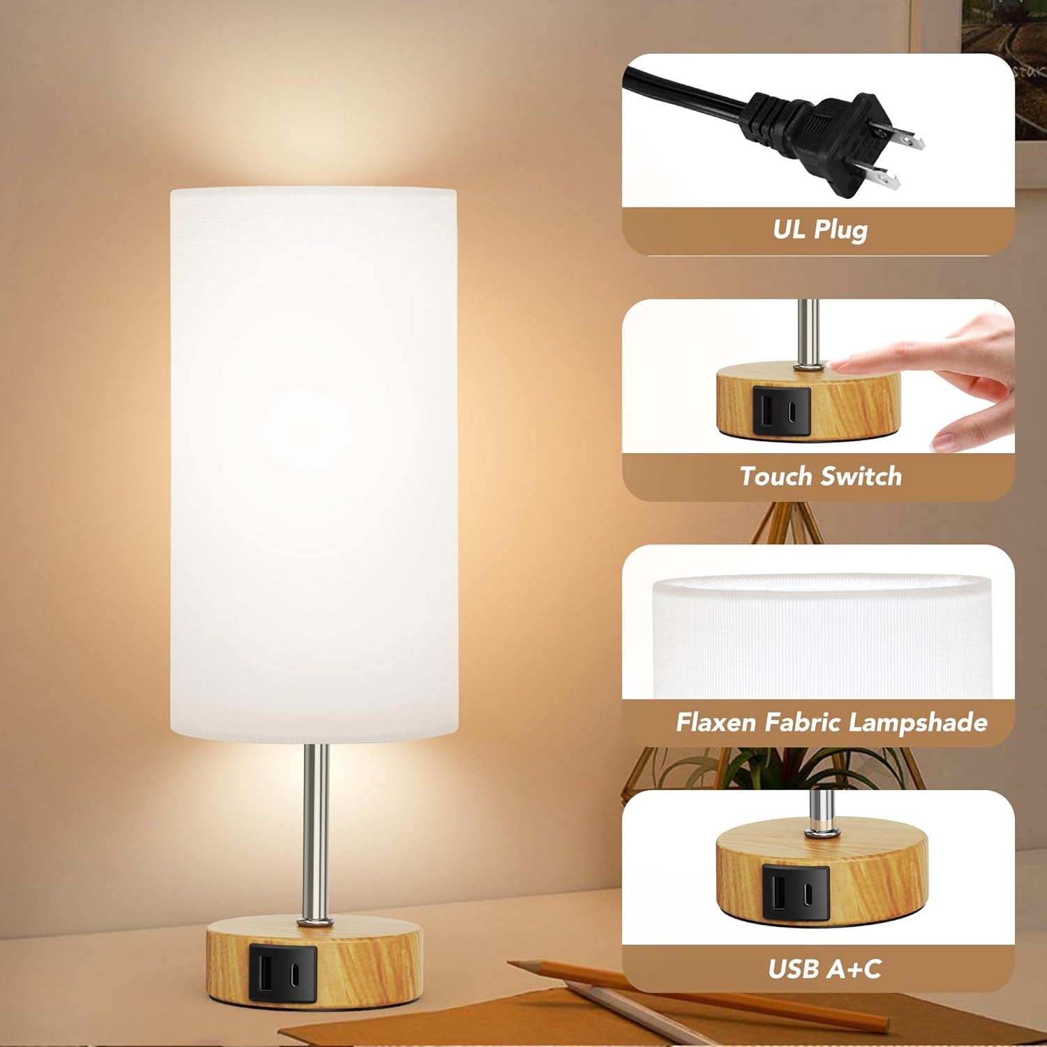 12.8" Touch Control Table Lamp, 3-Way Dimmable Small Bedside Nightstand Lamp with 2 USB Ports, Modern Table Lamp with 5000K Daylight LED Bulb for Living Room (2 Pack)