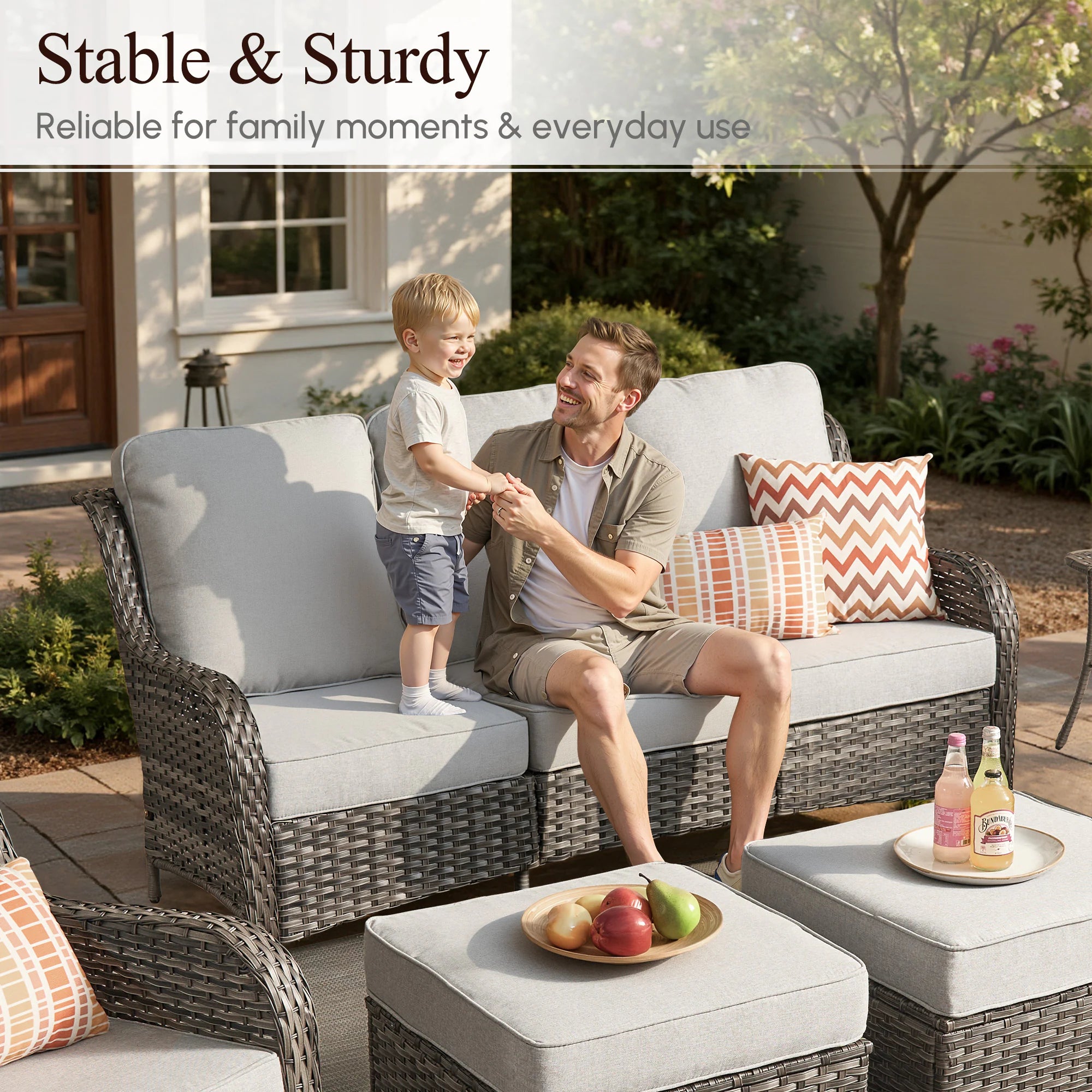 7 -Piece Wicker Patio Sofa Conversation Set with Gray Cushions