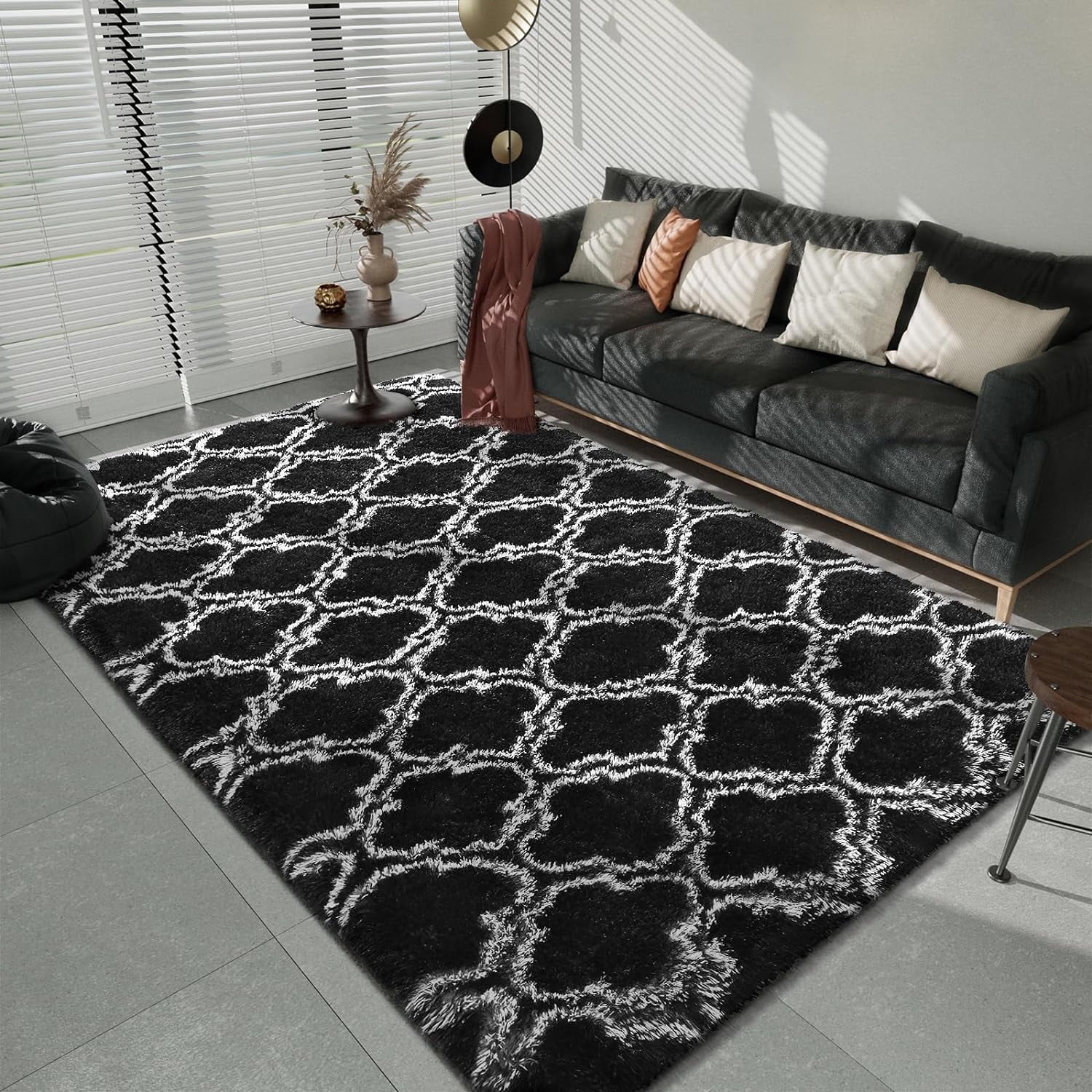 Shag Area Rug Geometric Plush Fluffy Rugs Soft Moroccan Carpet for Bedroom Living Room Floor Mat Home Decor,5X8Ft,Black/White