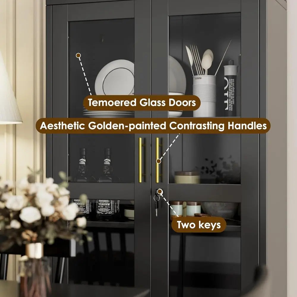 72.8 Black Tall Glass Display Cabinet with 2 Adjustable Shelves and Lock for Home Storage