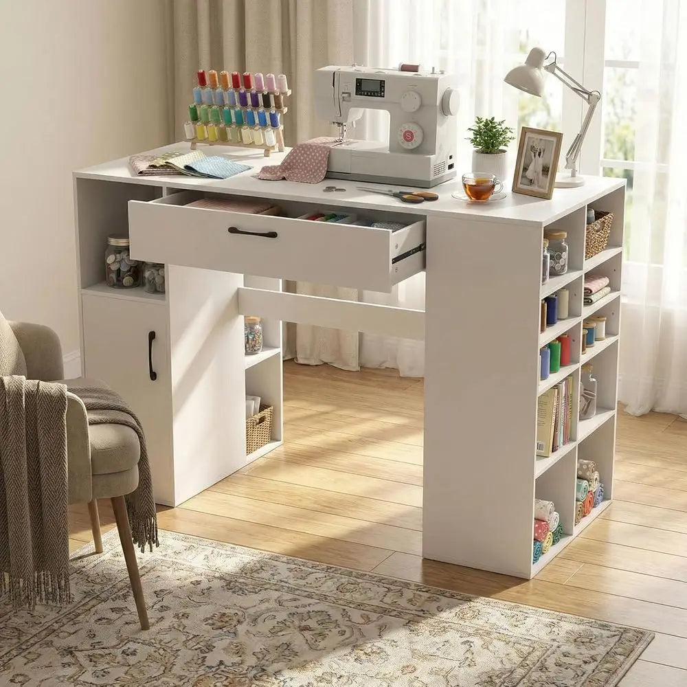 Adjustable Height Sewing Desk with Storage Cubes and Counter Height Writing Station for Home Office