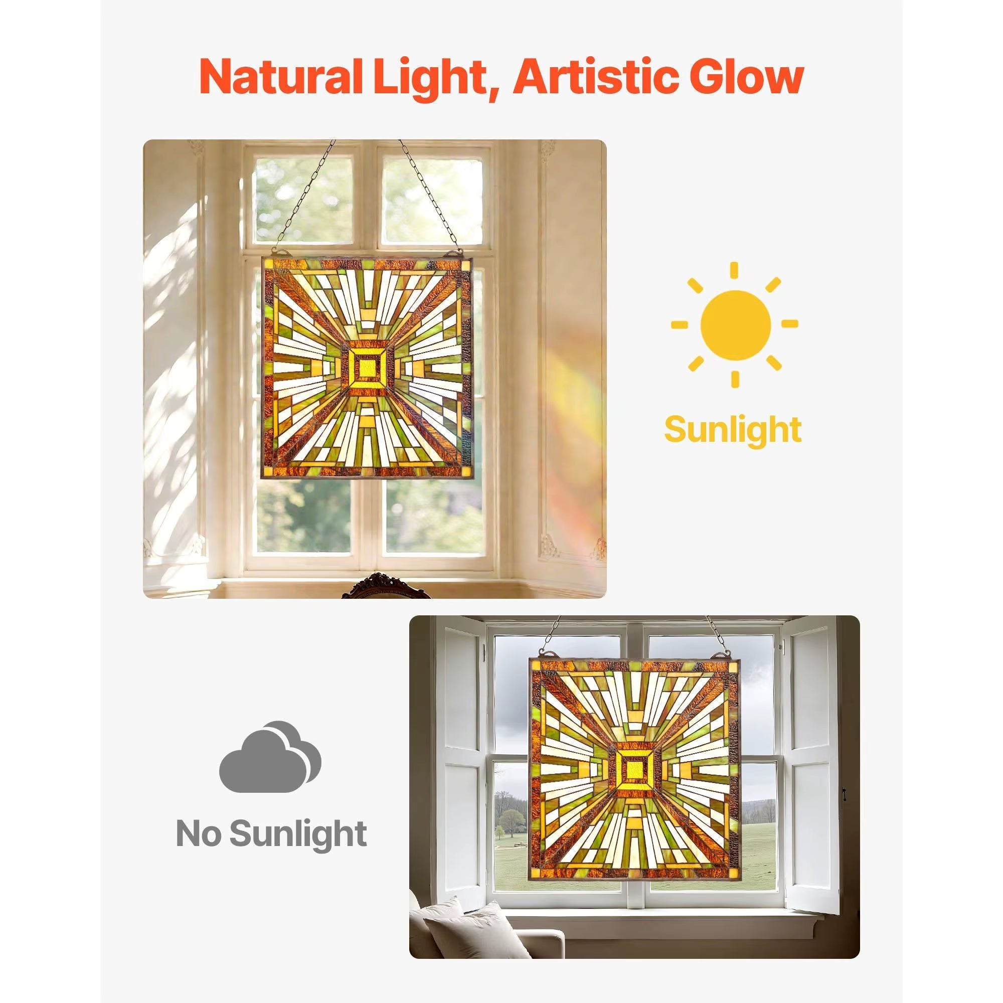 For for Style 20 X 21 Inches Stained Glass Hanging Window Panel with Chain Elegant Home Decor Model D0100X3GFA8