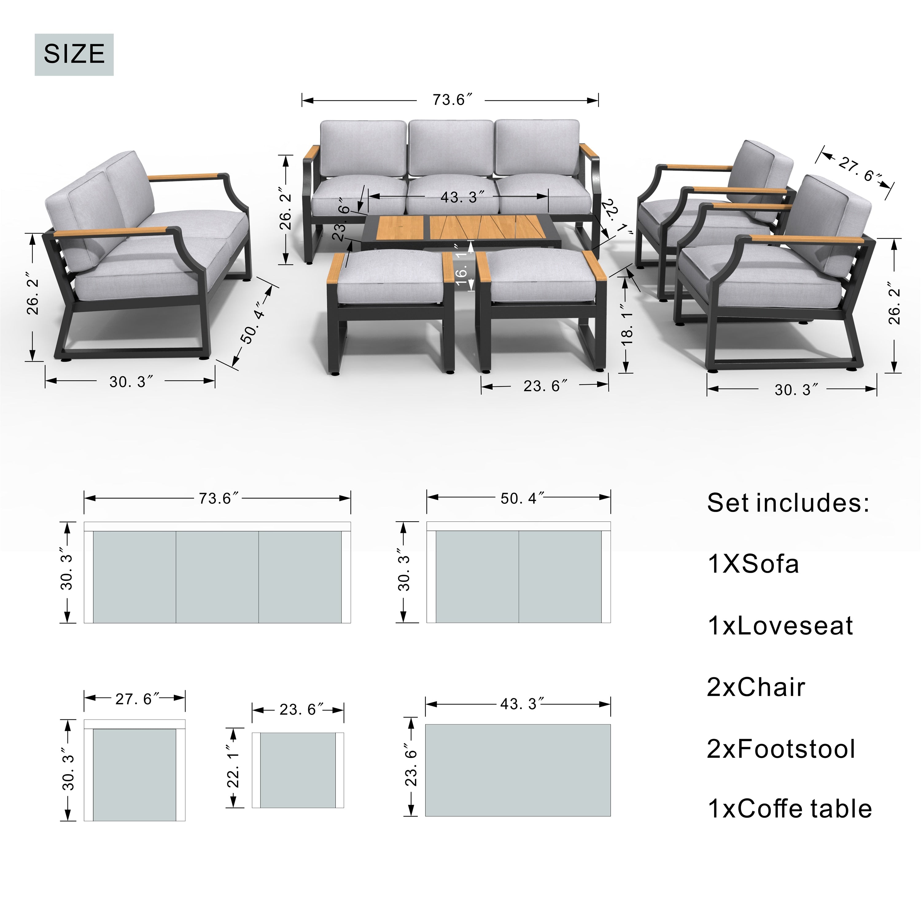 Mella 7 -Piece 2 Patio Sofa Conversation Set with Gray Cushions