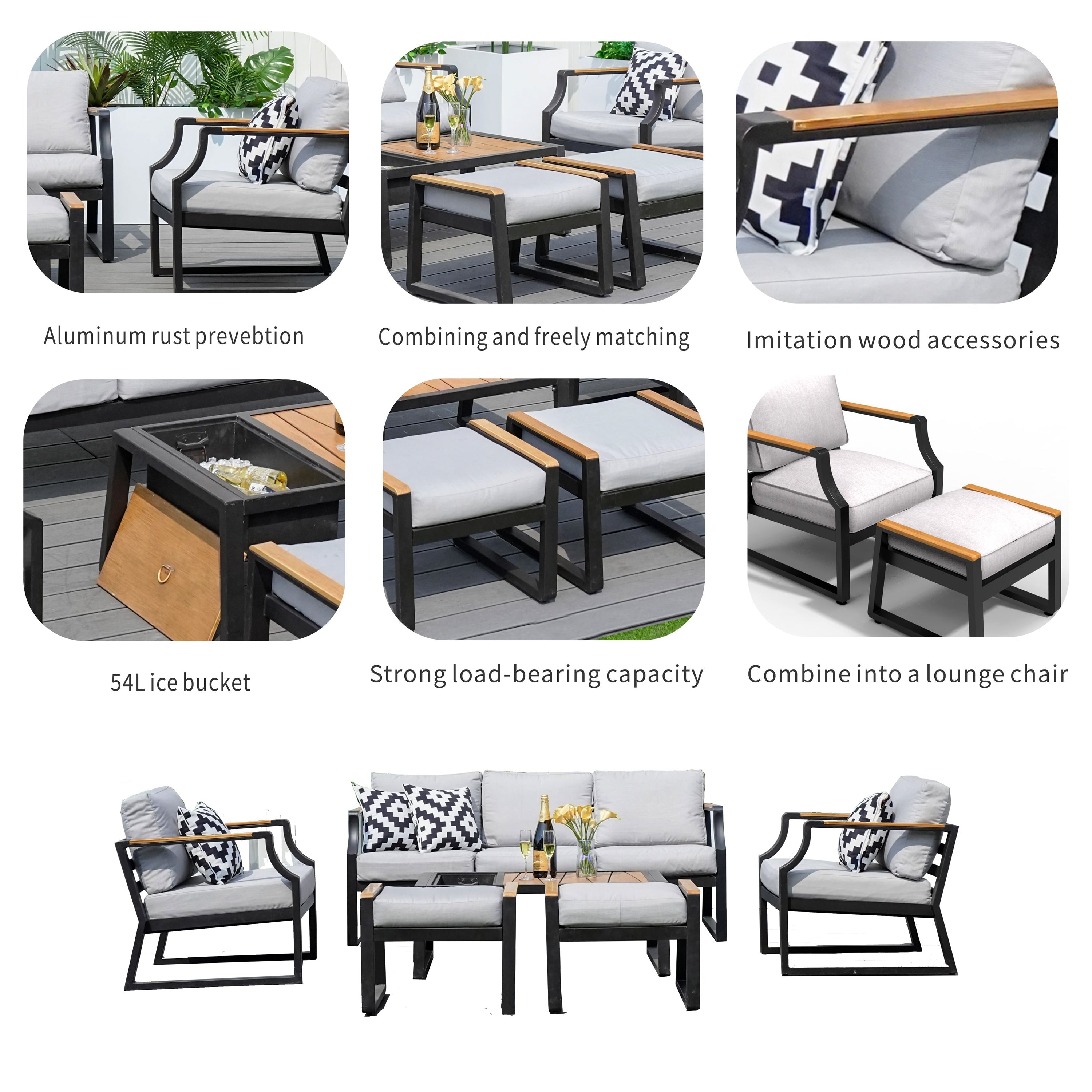 Mella 7 -Piece 2 Patio Sofa Conversation Set with Gray Cushions