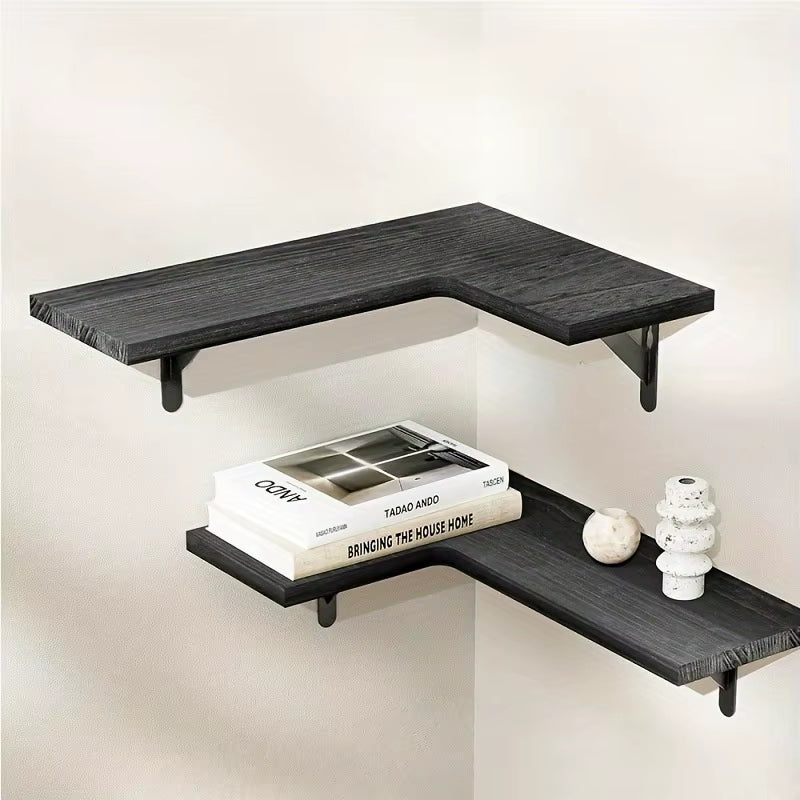2 Tier L Style Display Shelf Wall Shelves Wood Flexible Design Wall Mounted Corner Floating Storage Shelves for Home Decor