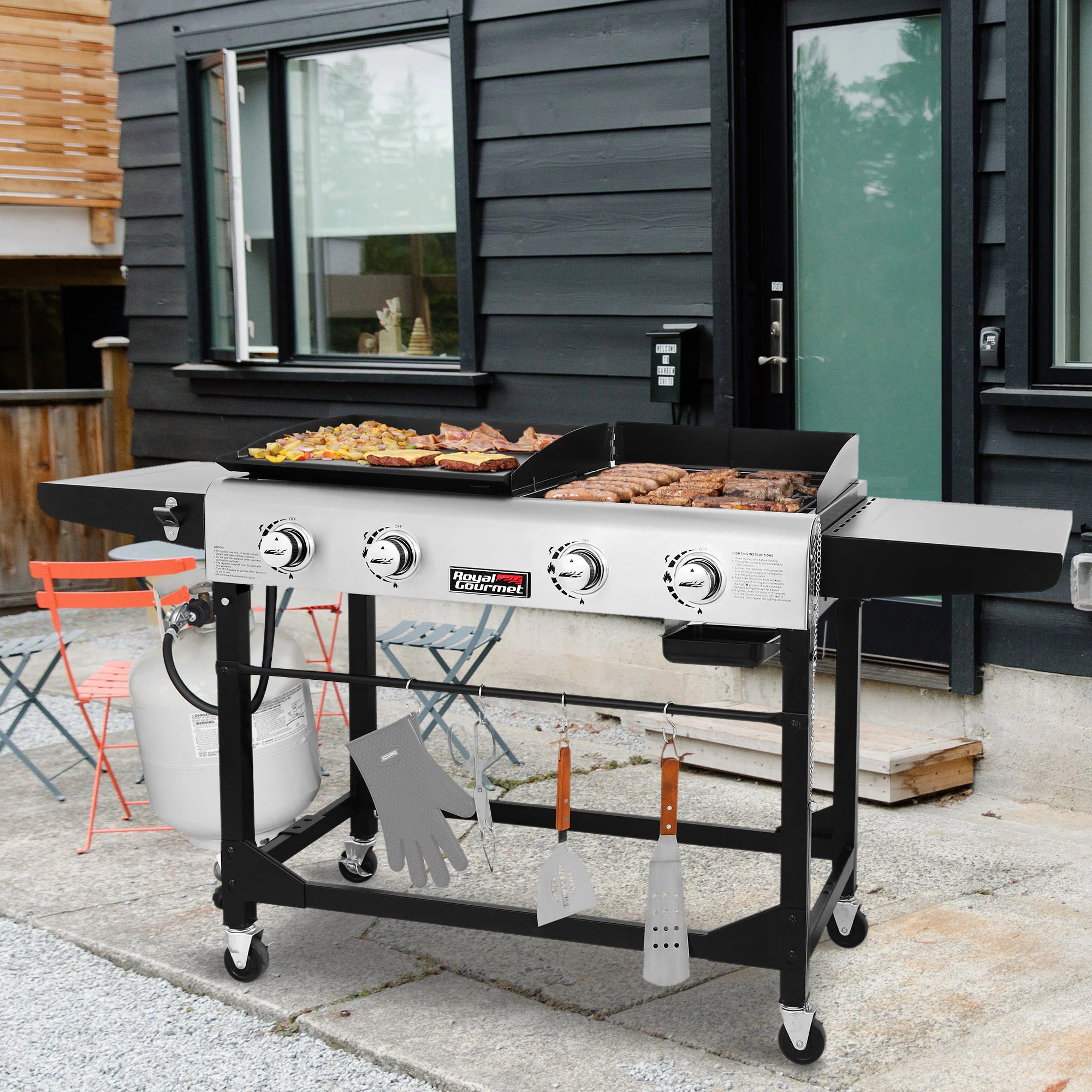 Portable Gas Grill and Griddle Combo 4 -Burner Liquid Propane Flat Top Grill