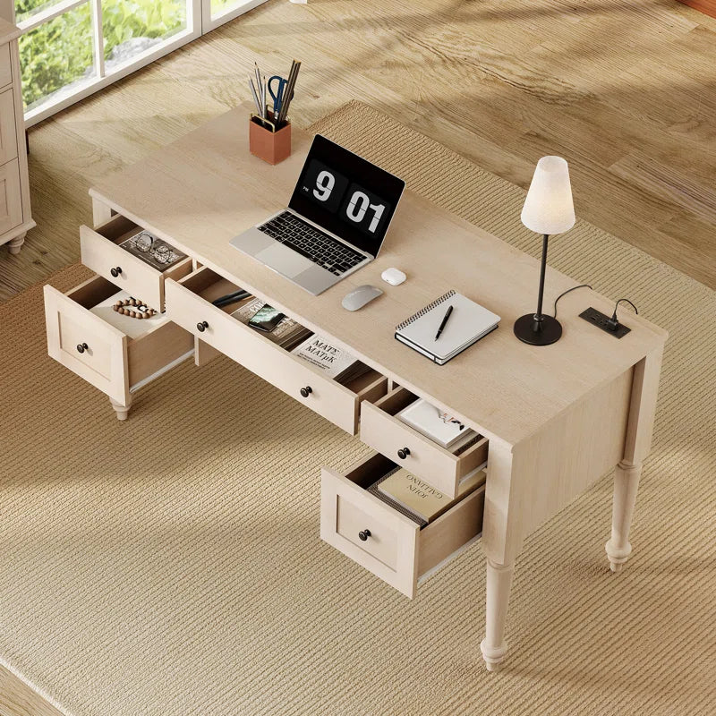 2 Piece Office Set, 56" Executive Desk & Set of 2 Bookcases with Drawers, Beige