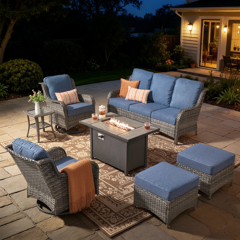 7 -Piece Wicker Patio Sofa Conversation Set with Gray Cushions