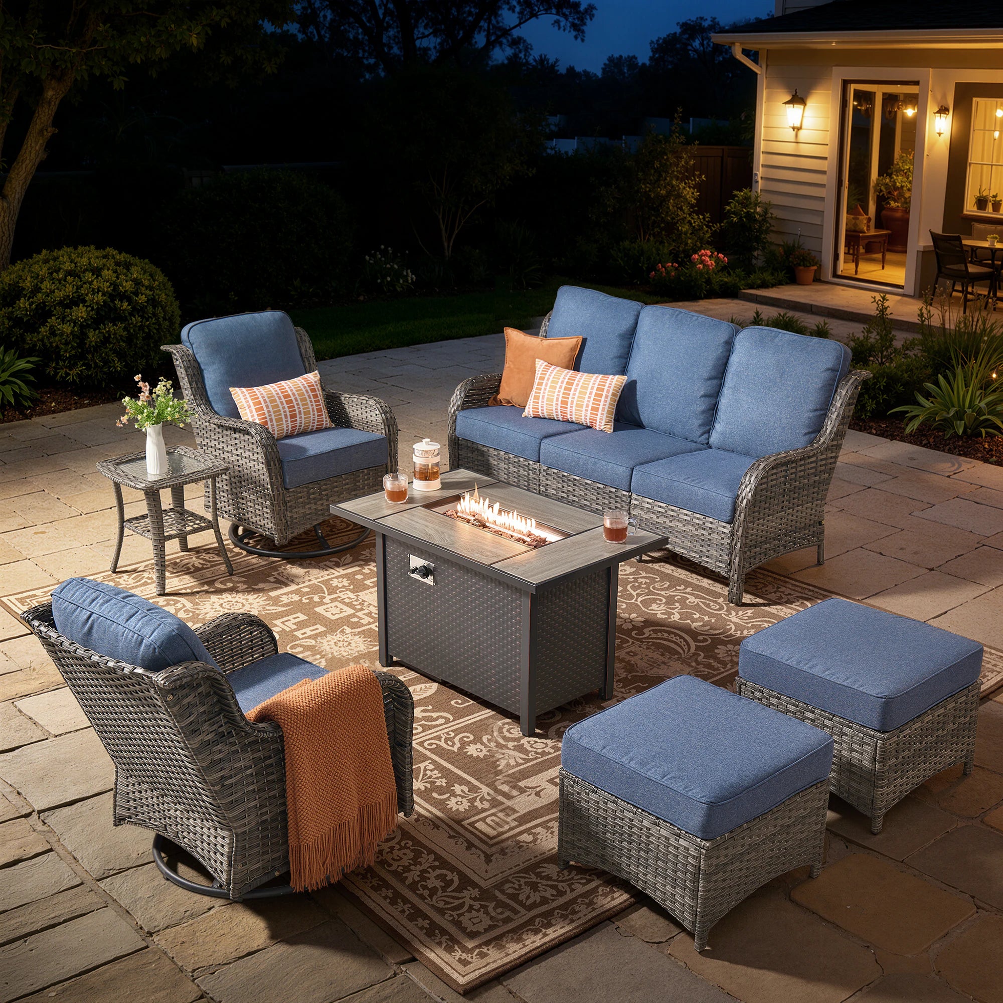 7 -Piece Wicker Patio Sofa Conversation Set with Gray Cushions